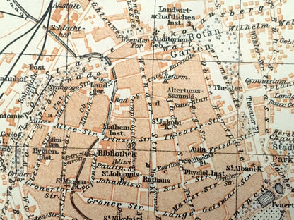 Antique 1925 Gottingen and Munden, Germany Map from Baedekers Guide Atlas – Blume, Andrees Berg, Mundener, Weser River, Fulda River, Park