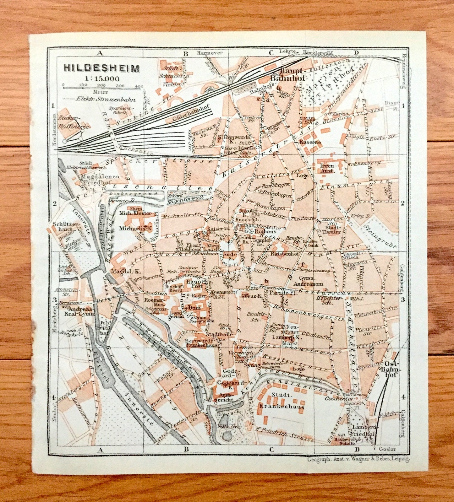 Antique 1925 Hildesheim, Germany Map from Baedekers Guide Atlas – Lower Saxony, Innerste River, Leine River, Haupt-Bahnhof, Ost-Bahnhof