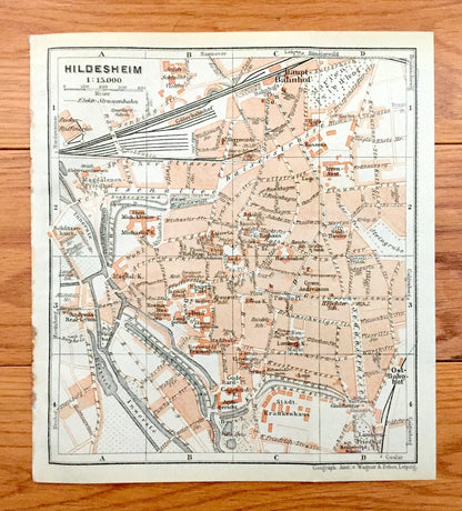 Antique 1925 Hildesheim, Germany Map from Baedekers Guide Atlas – Lower Saxony, Innerste River, Leine River, Haupt-Bahnhof, Ost-Bahnhof