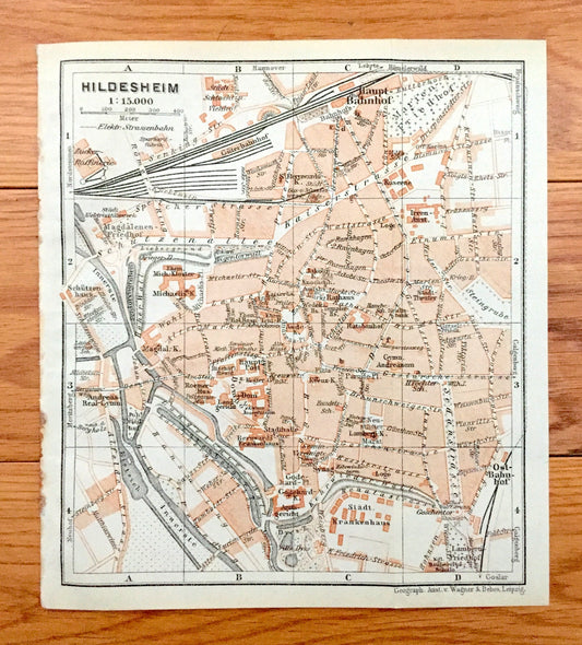 Antique 1925 Hildesheim, Germany Map from Baedekers Guide Atlas – Lower Saxony, Innerste River, Leine River, Haupt-Bahnhof, Ost-Bahnhof