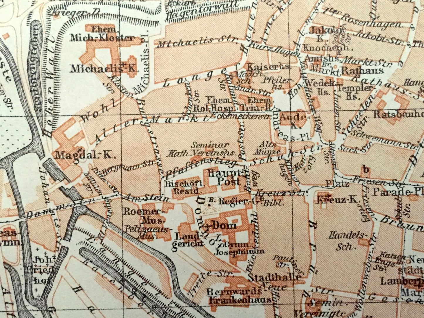 Antique 1925 Hildesheim, Germany Map from Baedekers Guide Atlas – Lower Saxony, Innerste River, Leine River, Haupt-Bahnhof, Ost-Bahnhof