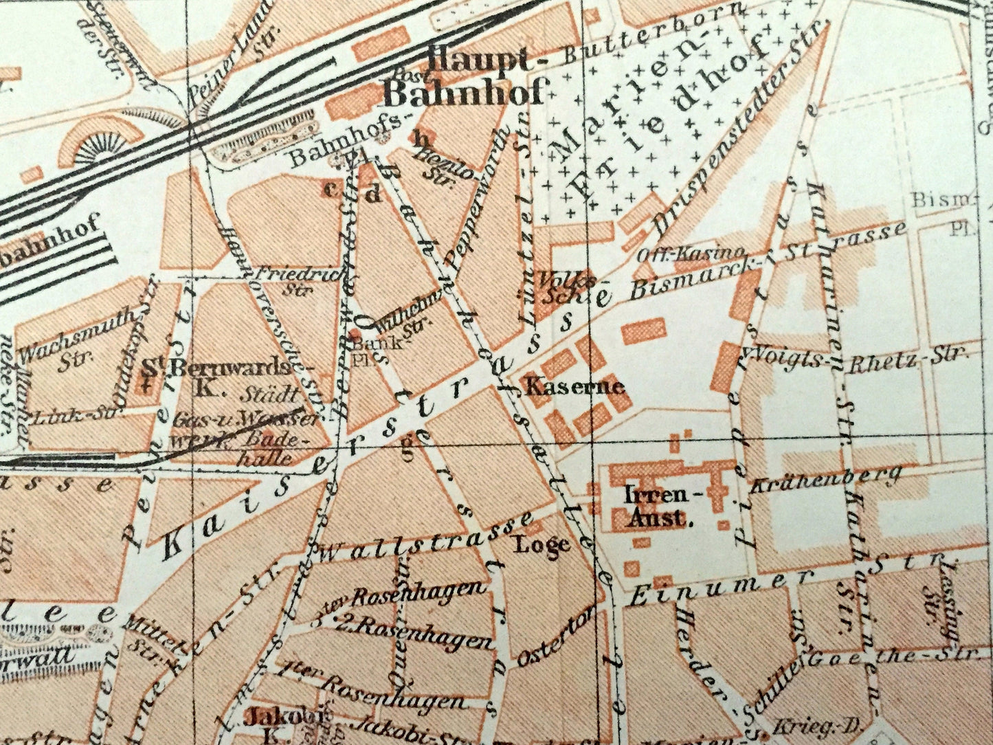 Antique 1925 Hildesheim, Germany Map from Baedekers Guide Atlas – Lower Saxony, Innerste River, Leine River, Haupt-Bahnhof, Ost-Bahnhof