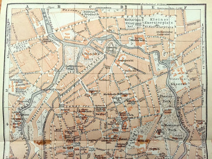 Antique 1925 Braunschweig, Germany Map from Baedekers Guide Atlas – Brunswick, palace, monument, Lower Saxony, Oker River, medieval, kaserne