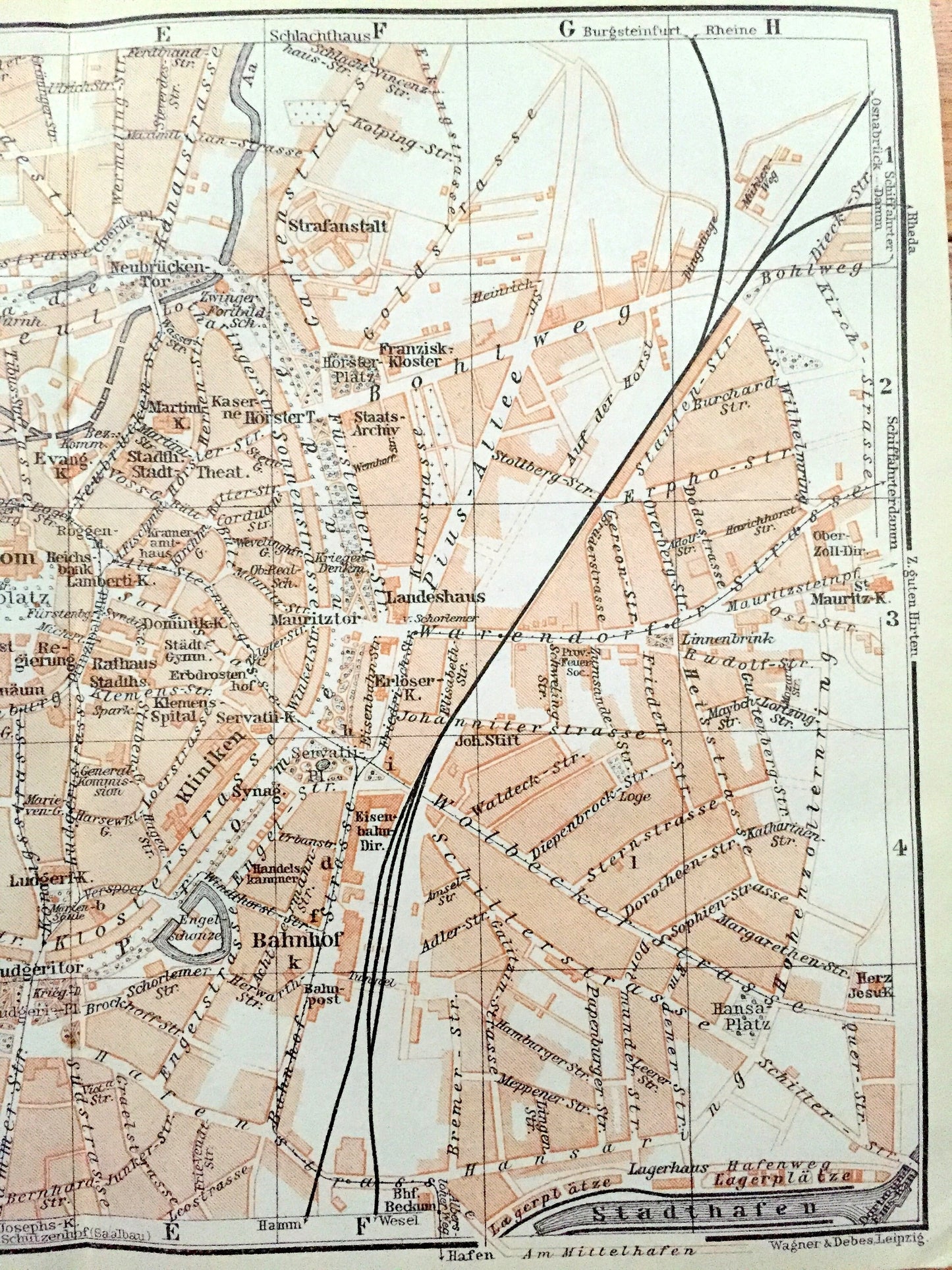 Antique 1925 Munster, Germany Map from Baedekers Guide Atlas – Bahnhof, Stadthafen, Schloss, Ludgeritor, Dom, Horster, Neutor, Himmelreich