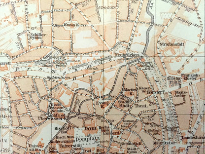 Antique 1925 Munster, Germany Map from Baedekers Guide Atlas – Bahnhof, Stadthafen, Schloss, Ludgeritor, Dom, Horster, Neutor, Himmelreich