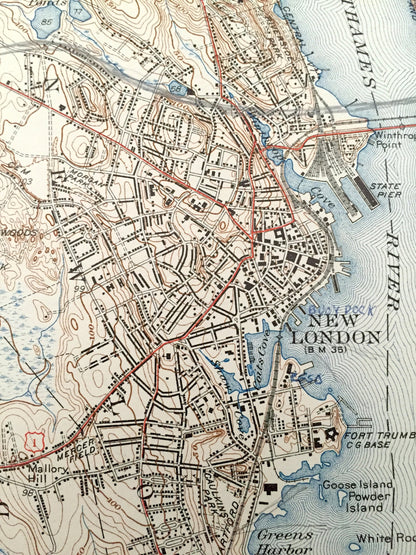 Antique New London, Connecticut 1938 US Geological Survey Topographic Map – Groton, Waterford, Coast Guard, Southold, Fisher Island, Lyme CT