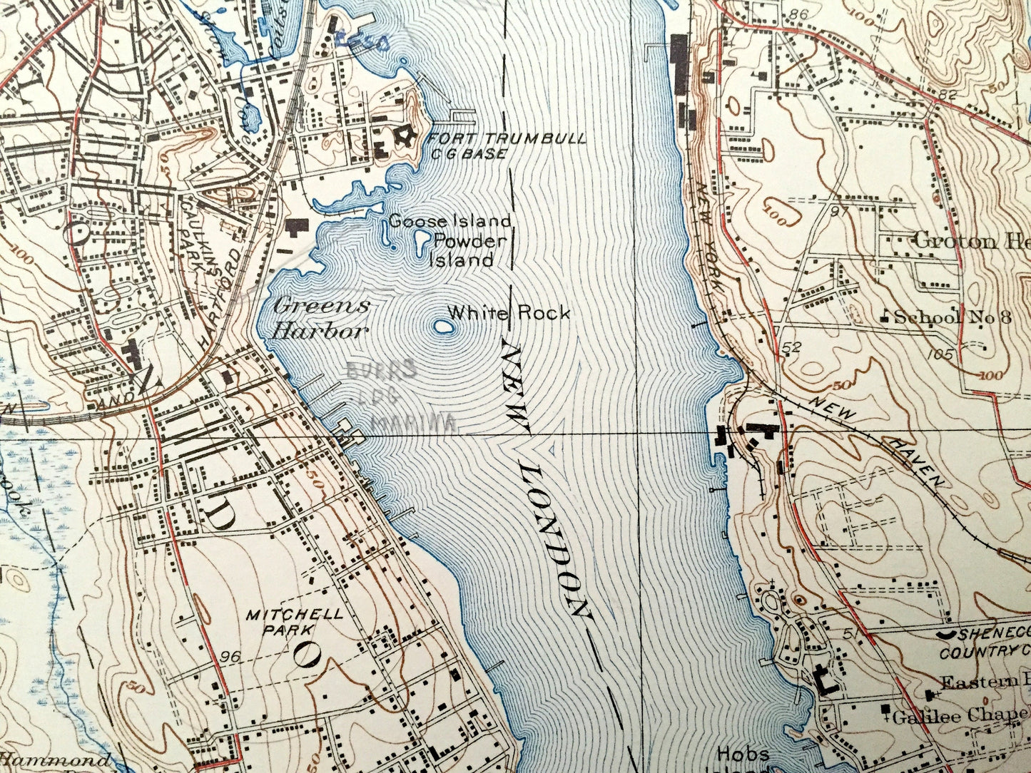 Antique New London, Connecticut 1938 US Geological Survey Topographic Map – Groton, Waterford, Coast Guard, Southold, Fisher Island, Lyme CT