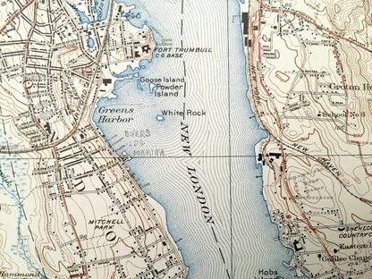 Antique New London, Connecticut 1938 US Geological Survey Topographic Map – Groton, Waterford, Coast Guard, Southold, Fisher Island, Lyme CT