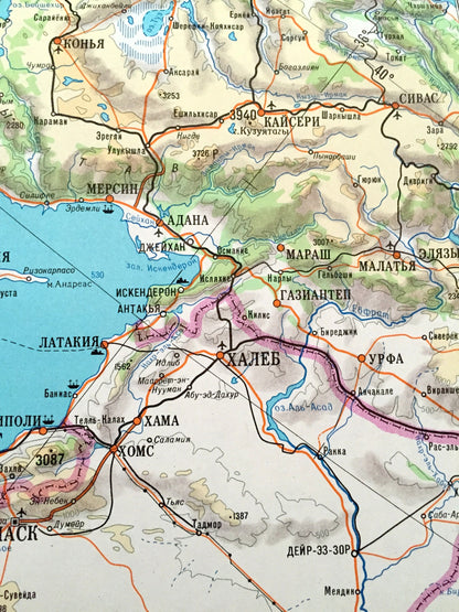 Antique SOVIET Mediterranean Sea 1980 Russian Army *Wall Size* Survey Map – Europe Africa Middle East Italy Holy Land France Germany Turkey