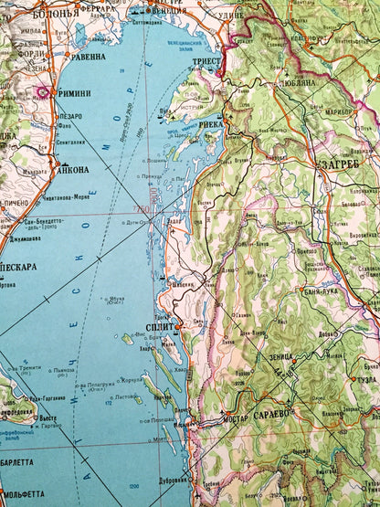 Antique SOVIET Mediterranean 1980 Russian Army *Wall Size* Survey Map – Italy Greece France Switzerland Austria Croatia Bulgaria Poland