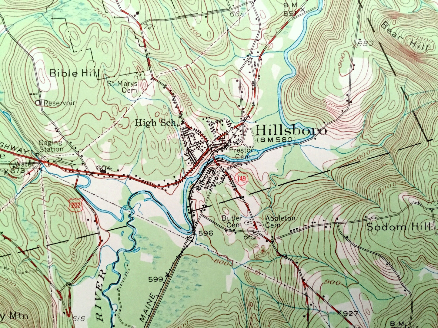 Antique Hillsboro, New Hampshire 1957 US Geological Survey Topographic Map – Merrimack County, Bradford, Warner, Henniker, Deering, Weare NH