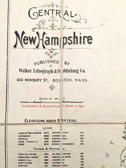 Antique Central New Hampshire 1916 George H Walker & Co Automobile Map – White Mountains, Winnipesaukee, Squam, Newfound Lake, Hanover, NH