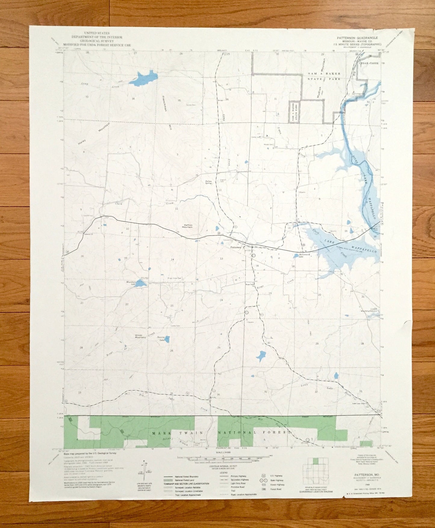 Antique Patterson, Missouri 1968 US Geological Survey Topographic Map – Wayne County, Cedar Creek, Sam A Baker State Park, MO