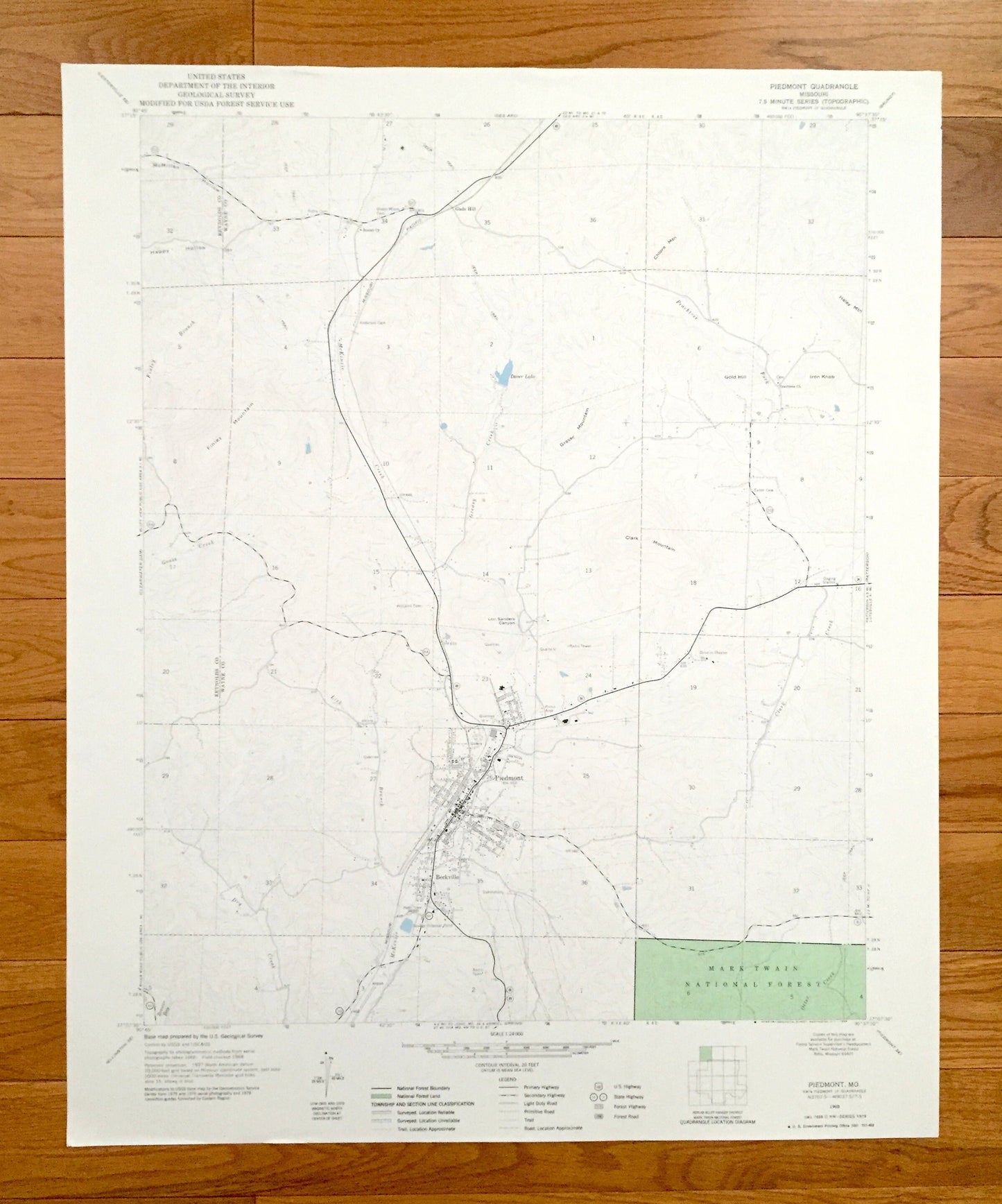 Antique Piedmont, Missouri 1968 US Geological Survey Topographic Map – Reynolds, Wayne County, Gads Hill, Beckville, Mark Twain Forest, MO