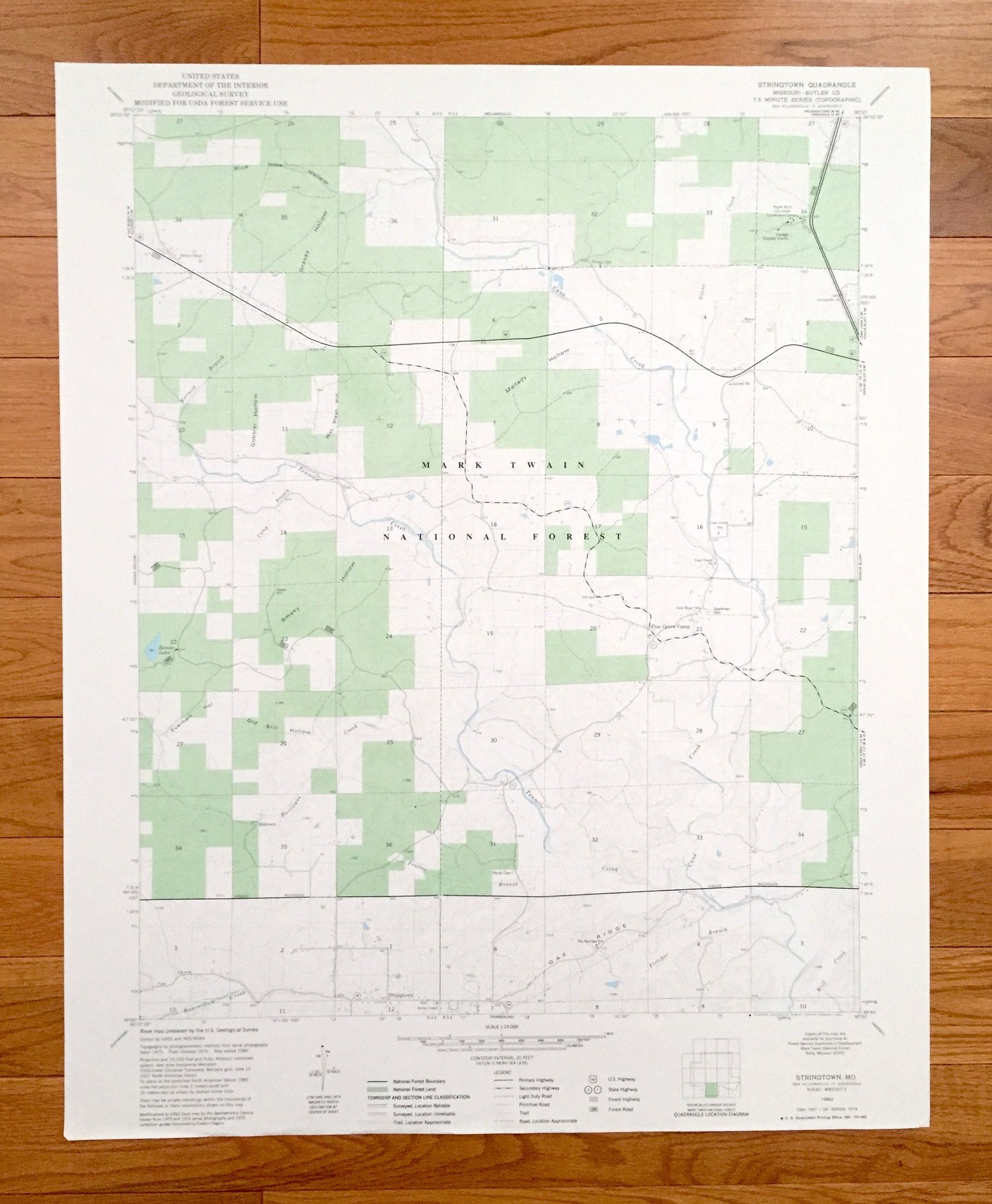 Antique Strington, Missouri 1980 US Geological Survey Topographic Map – Butler County, Pine Grove Camp, Mark Twain National Forest, MO