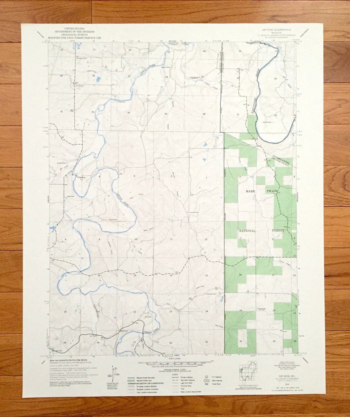 Antique Drynob, Missouri 1954 US Geological Survey Topographic Map – Pulaski, Laclede County, Harrell Ford, Mark Twain National Forest, MO