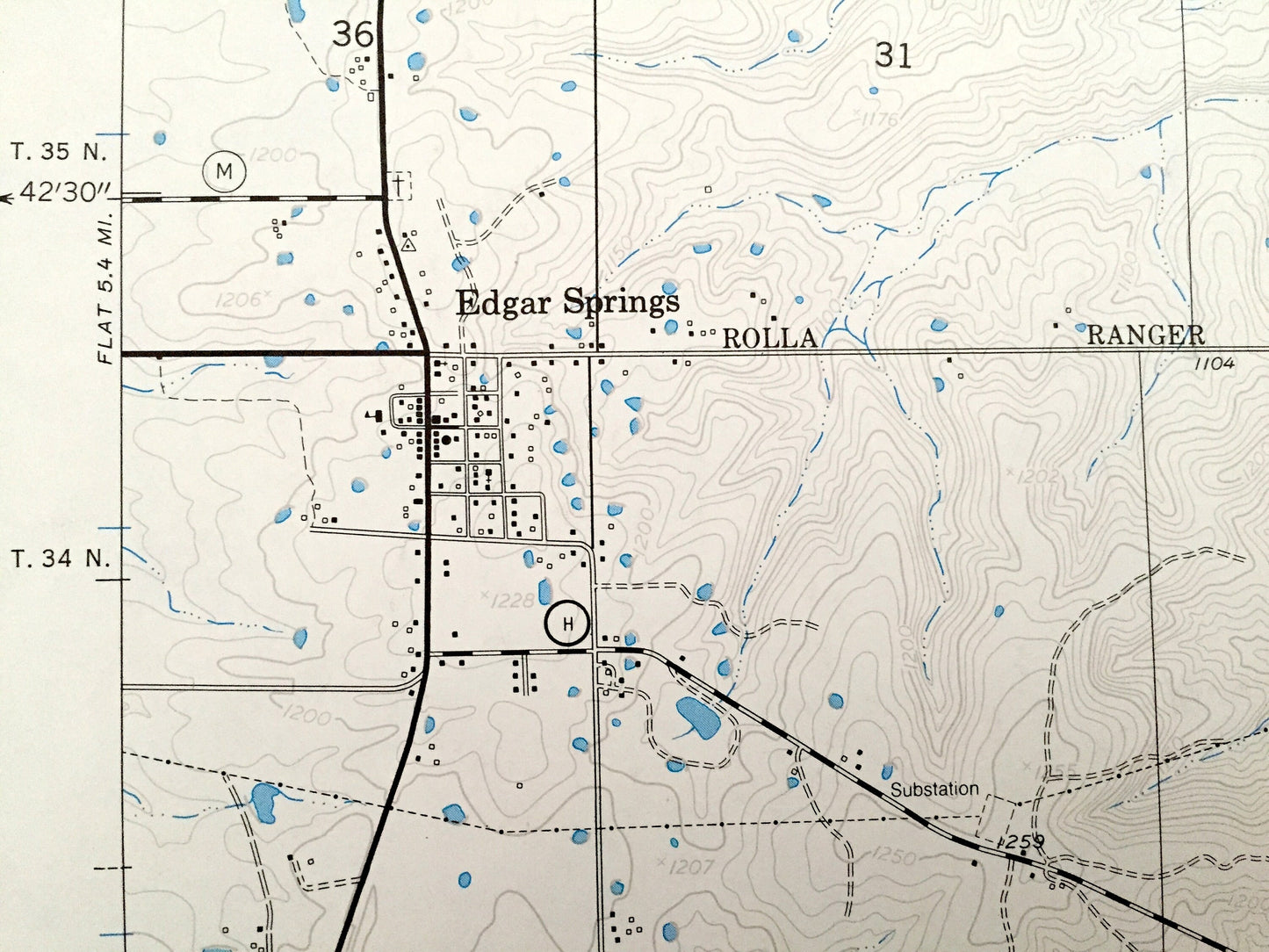 Antique Edgar Springs, Missouri 1954 US Geological Survey Topographic Map – Dent, Phelps County, Freemans Store, Craddock, Lenox, MO