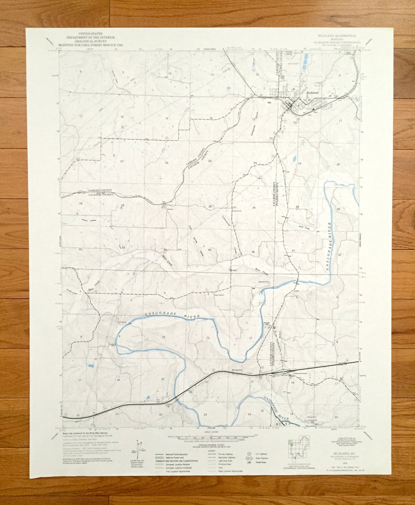 Antique Richland, Missouri 1954 US Geological Survey Topographic Map – Laclade, Pulaski, Camden County, Hazelgreen, Gasconade River, MO