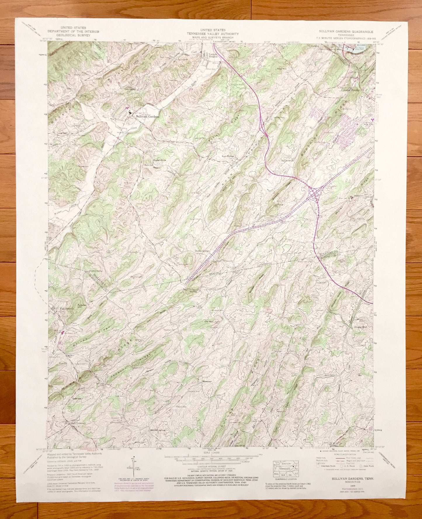 Antique Sullivan Gardens, Tennessee 1959 US Geological Survey Topographic Map – Washington County, Fall Branch Colonial Heights Lone Star TN