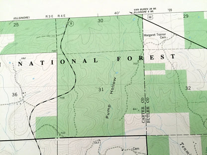 Antique Hogan Hollow, Missouri 1980 US Geological Survey Topographic Map – Ripley, Butler, Carter County, Mark Twain National Forest, MO