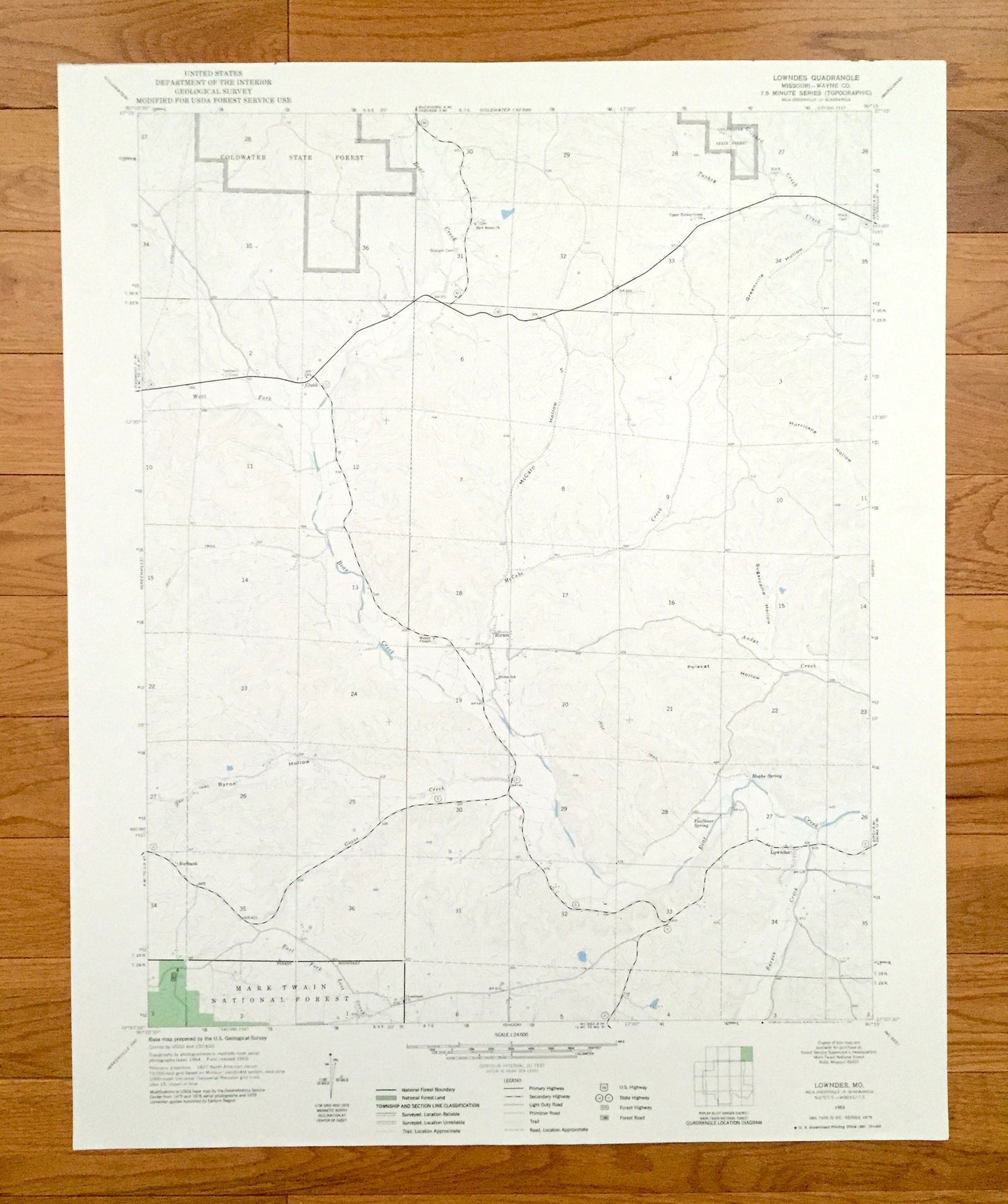 Antique Lowndes, Missouri 1965 US Geological Survey Topographic Map – Wayne County, Clubb, Hiram, Burbank, Coldwater State Forest, MO