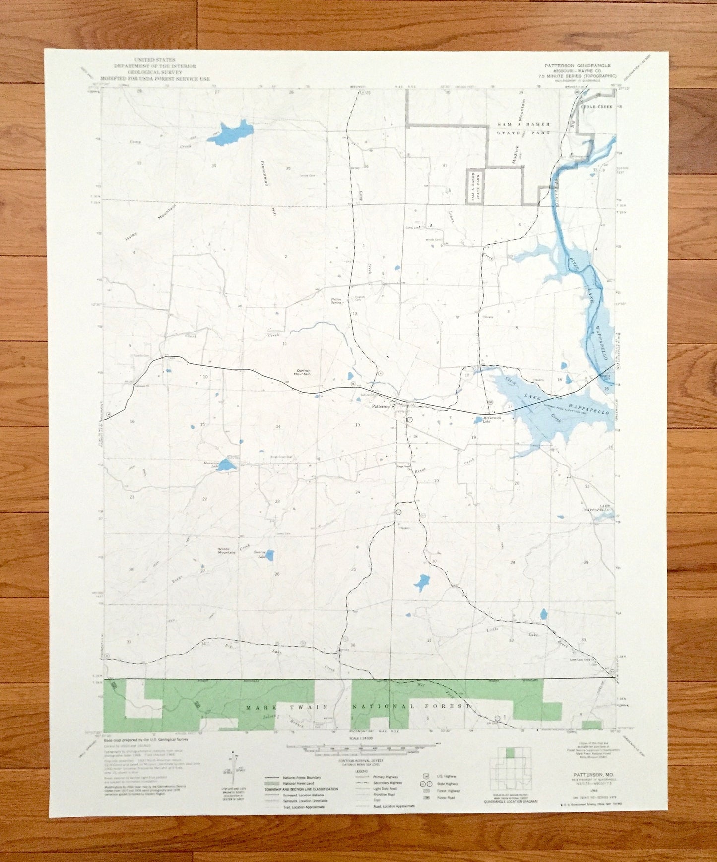 Antique Patterson, Missouri 1968 US Geological Survey Topographic Map – Wayne County, Mark Twain National Forest, Lake Wappapello, MO