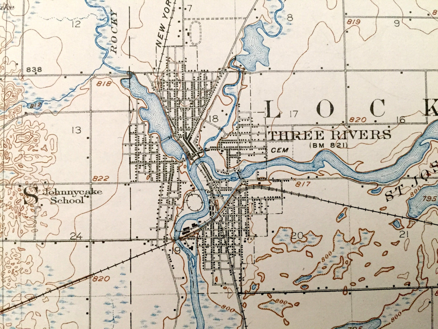 Antique Three Rivers, Michigan 1916 US Geological Survey Topographic Map – St Joseph County, Constantine, Centerville, White Pigeon, MI