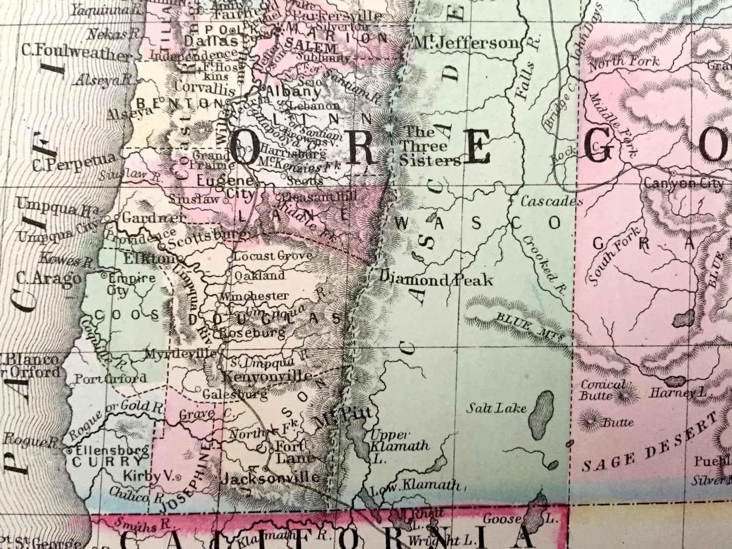 Antique 1871 Oregon, Washington, Idaho, Montana State Map by S. Augustus Mitchell – Northwest, Seattle, Portland, Coast, Olympia, WA OR MT