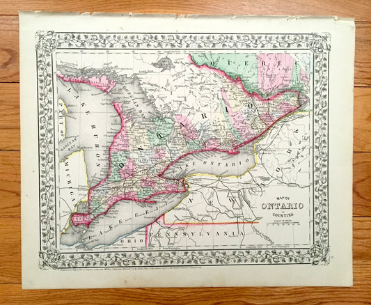 Antique 1871 Ontario, Canada Map by S.A. Mitchell – Toronto, Ottawa, Windsor, London, Niagara Falls, Michigan, New York, Thousand Islands