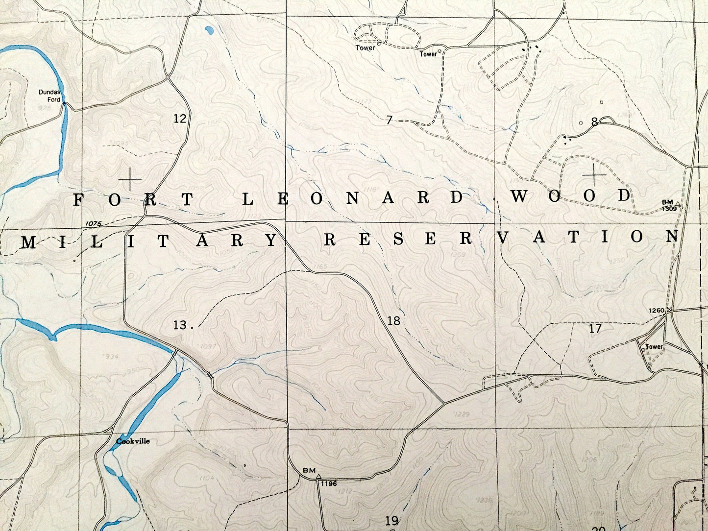Antique Bloodland, Missouri 1954 US Geological Survey Topographic Map – Laclede, Pulaski County, Hanna, Beacon, Cookville, MO