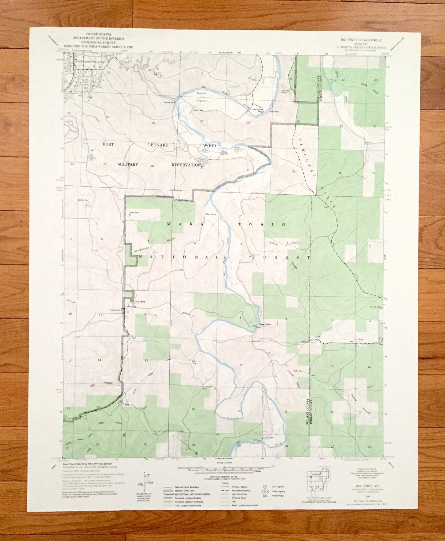 Antique Big Piney, Missouri 1954 US Geological Survey Topographic Map – Phelps, Pulaski County, Fort Leonard Wood, Rose Bridge, Duke, MO