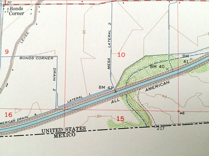 Antique Bonds Corner, California 1957 US Geological Survey Topographic Map – Imperial County, East Mesa, Alamo River, USA-Mexico Border, CA
