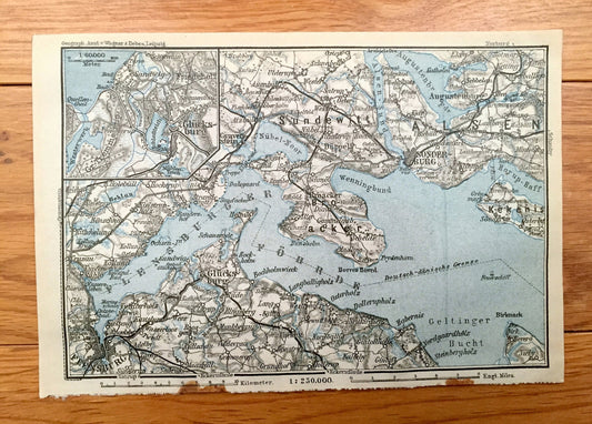 Antique 1925 Flensburg & Sonderburg, Germany and Denmark Map from Baedekers Guide Atlas – Sundewitt, Alsen, Glucksburg, Gravenstein, Fohrde