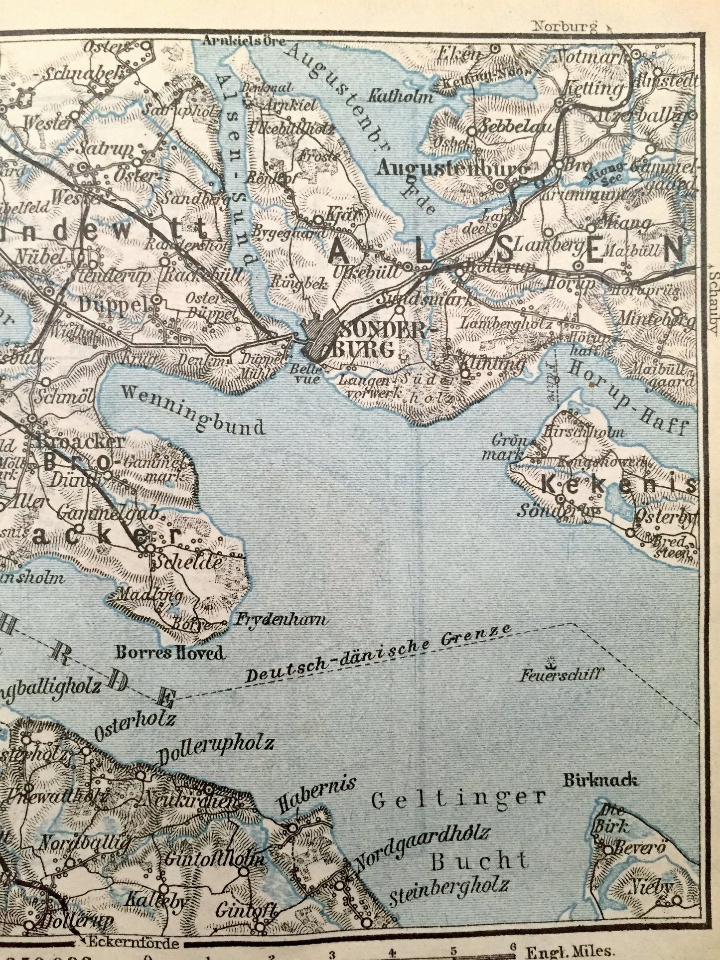 Antique 1925 Flensburg & Sonderburg, Germany and Denmark Map from Baedekers Guide Atlas – Sundewitt, Alsen, Glucksburg, Gravenstein, Fohrde