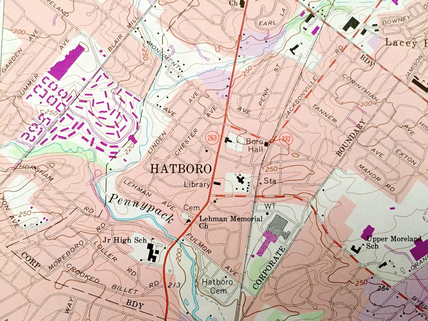 Antique Hatboro, Pennsylvania 1966 US Geological Survey Topographic Map – Bucks, Montgomery County, Horsham, Warminster, Northampton, PA