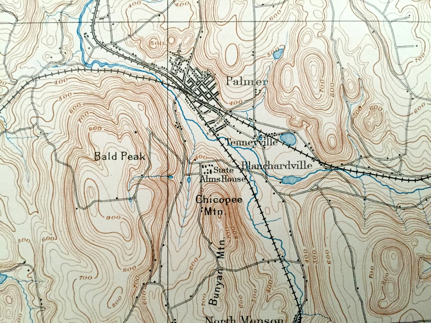Antique Palmer, Massachusetts 1893 US Geological Survey Topographic Map – Belchertown, Ludlow, Wilbraham, Monson, Stafford Connecticut MA CT