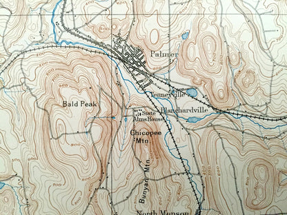 Antique Palmer, Massachusetts 1893 US Geological Survey Topographic Map – Belchertown, Ludlow, Wilbraham, Monson, Stafford Connecticut MA CT