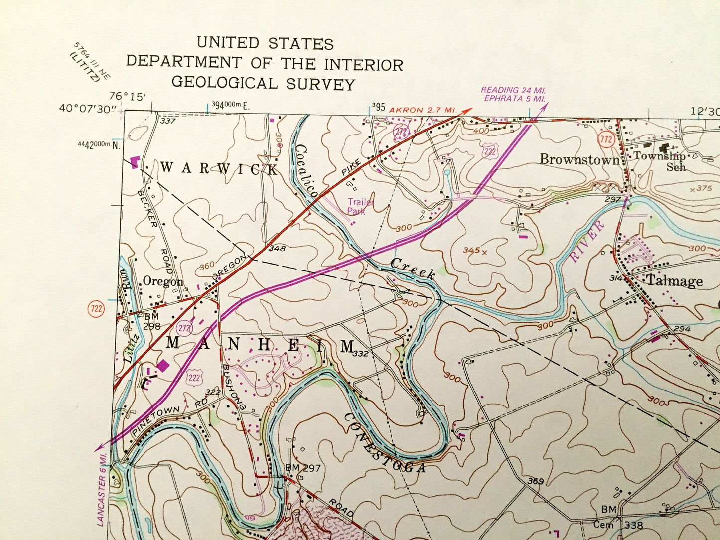 Antique Leola, Pennsylvania 1956 US Geological Survey Topographic Map – Lancaster County, Warwick, Manheim, Leacock, Paradise, Strasburg, PA