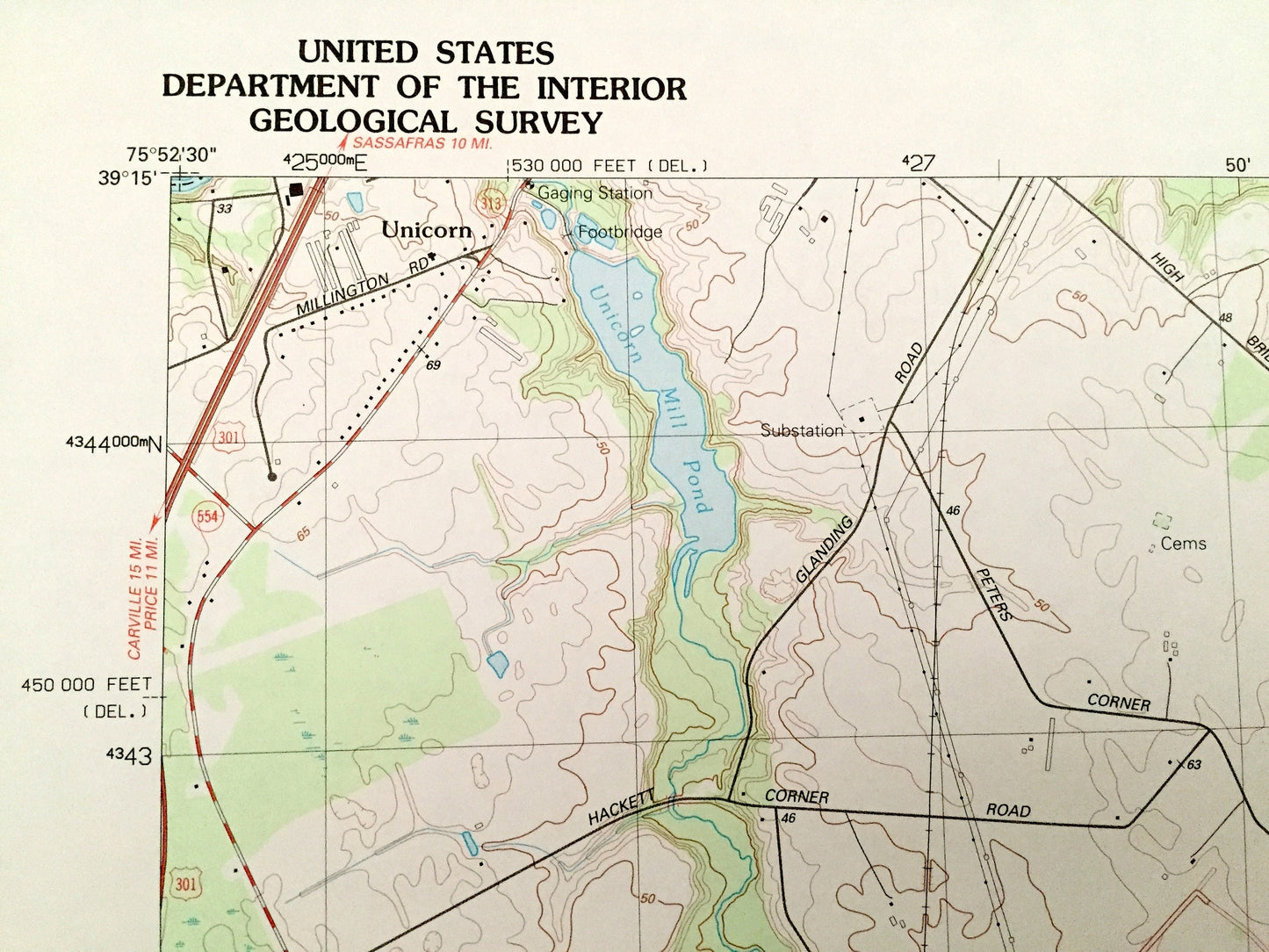 Antique Sudlersville, Maryland 1993 US Geological Survey Topographic Map – Queen Annes, Caroline County, Unicorn, MD, Kent County, DE