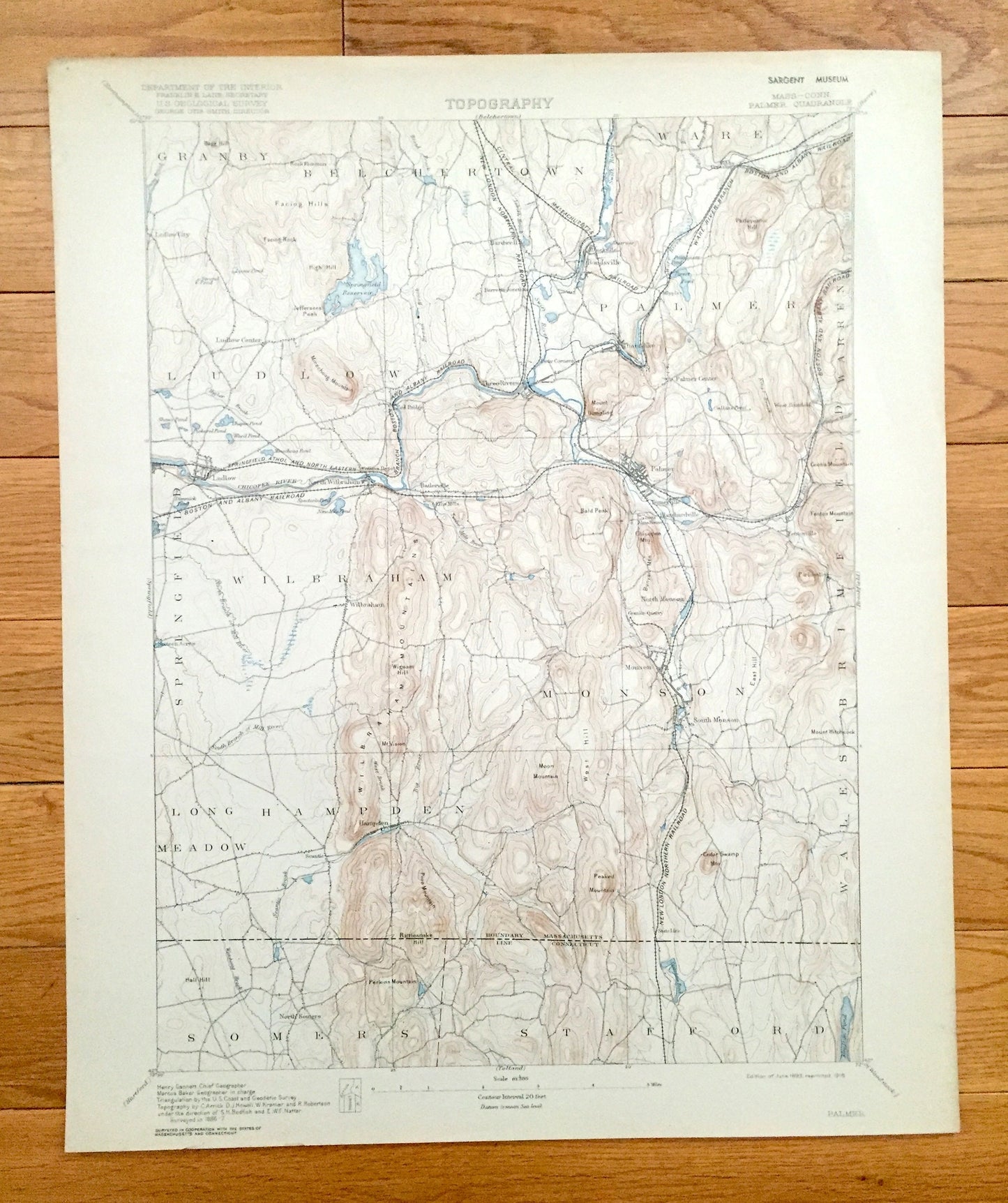 Antique Palmer, Massachusetts 1893 US Geological Survey Topographic Map – Belchertown, Ludlow, Wilbraham, Monson, Stafford Connecticut MA CT
