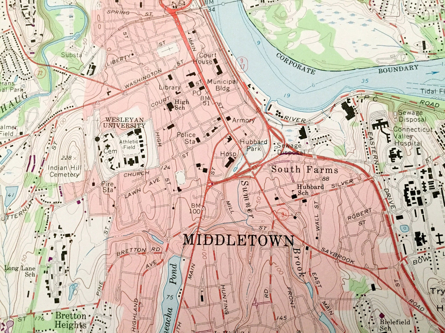 Antique Middletown, Connecticut 1965 US Geological Survey Topographic Map – Hartford, New Haven, Middlesex County, Berlin, Cromwell, CT