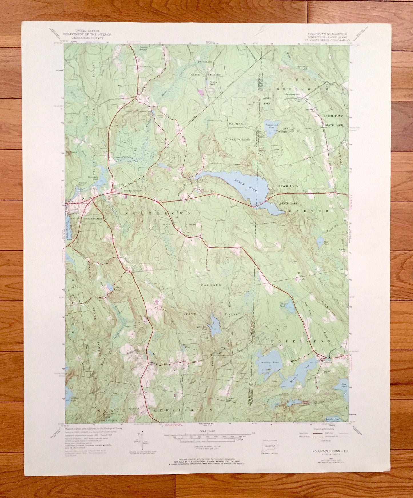 Antique Voluntown, Connecticut 1953 US Geological Survey Topographic Map – New London County, Griswold, CT, Kent, Washington County, RI