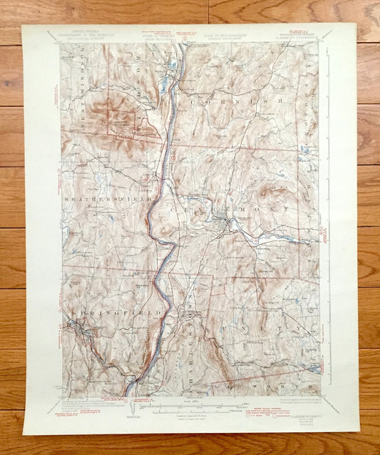 Antique Claremont, New Hampshire 1929 US Geological Survey Topographic Map – Sullivan County, Windsor, Cornish, Charlestown, Vermont, NH, VT
