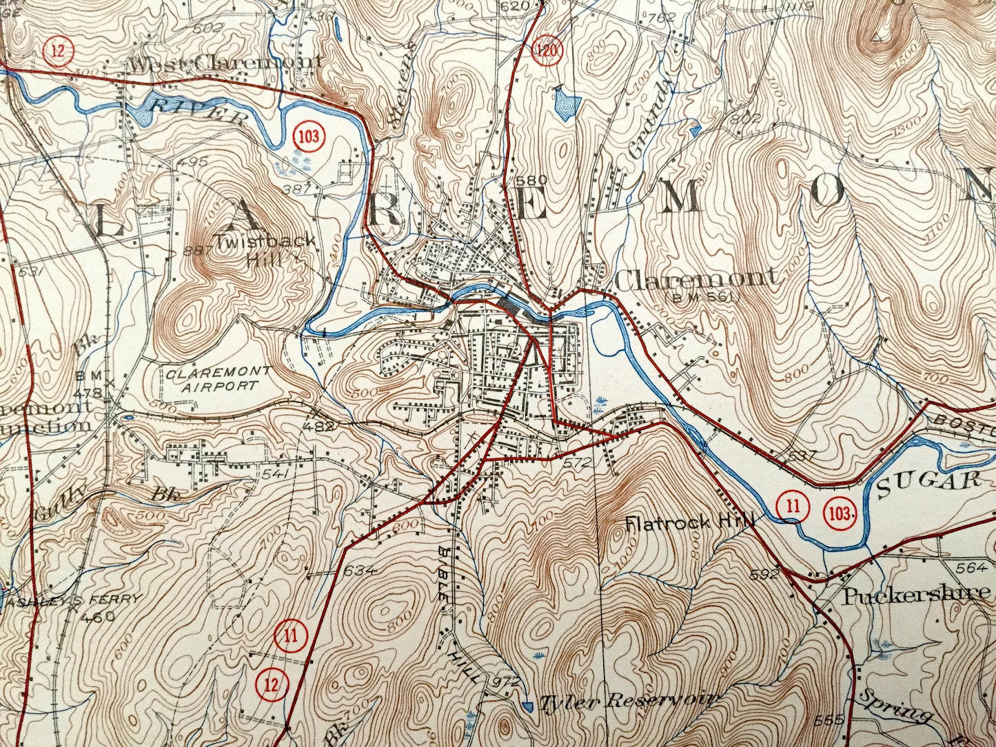 Antique Claremont, New Hampshire 1929 US Geological Survey Topographic Map – Sullivan County, Windsor, Cornish, Charlestown, Vermont, NH, VT