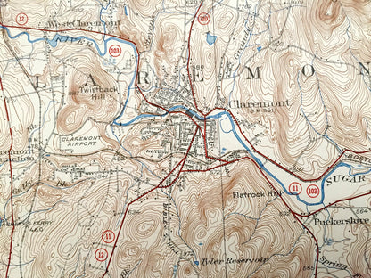Antique Claremont, New Hampshire 1929 US Geological Survey Topographic Map – Sullivan County, Windsor, Cornish, Charlestown, Vermont, NH, VT