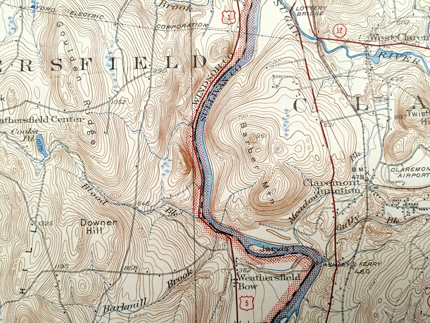 Antique Claremont, New Hampshire 1929 US Geological Survey Topographic Map – Sullivan County, Windsor, Cornish, Charlestown, Vermont, NH, VT