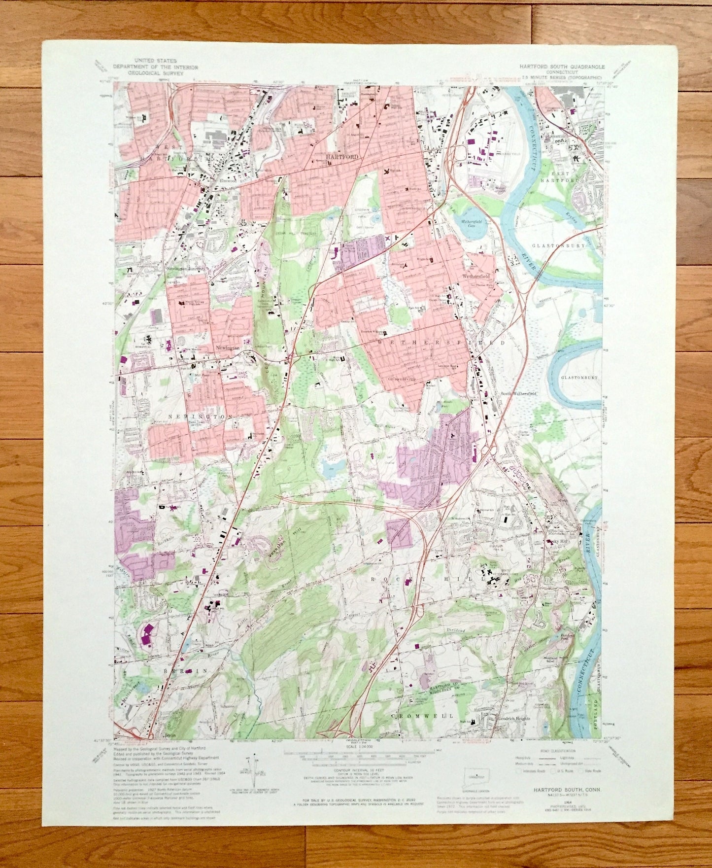 Antique Hartford South, Connecticut 1964 US Geological Survey Topographic Map – Middlesex, Hartford County, Newington, Berlin, Rocky Hill CT