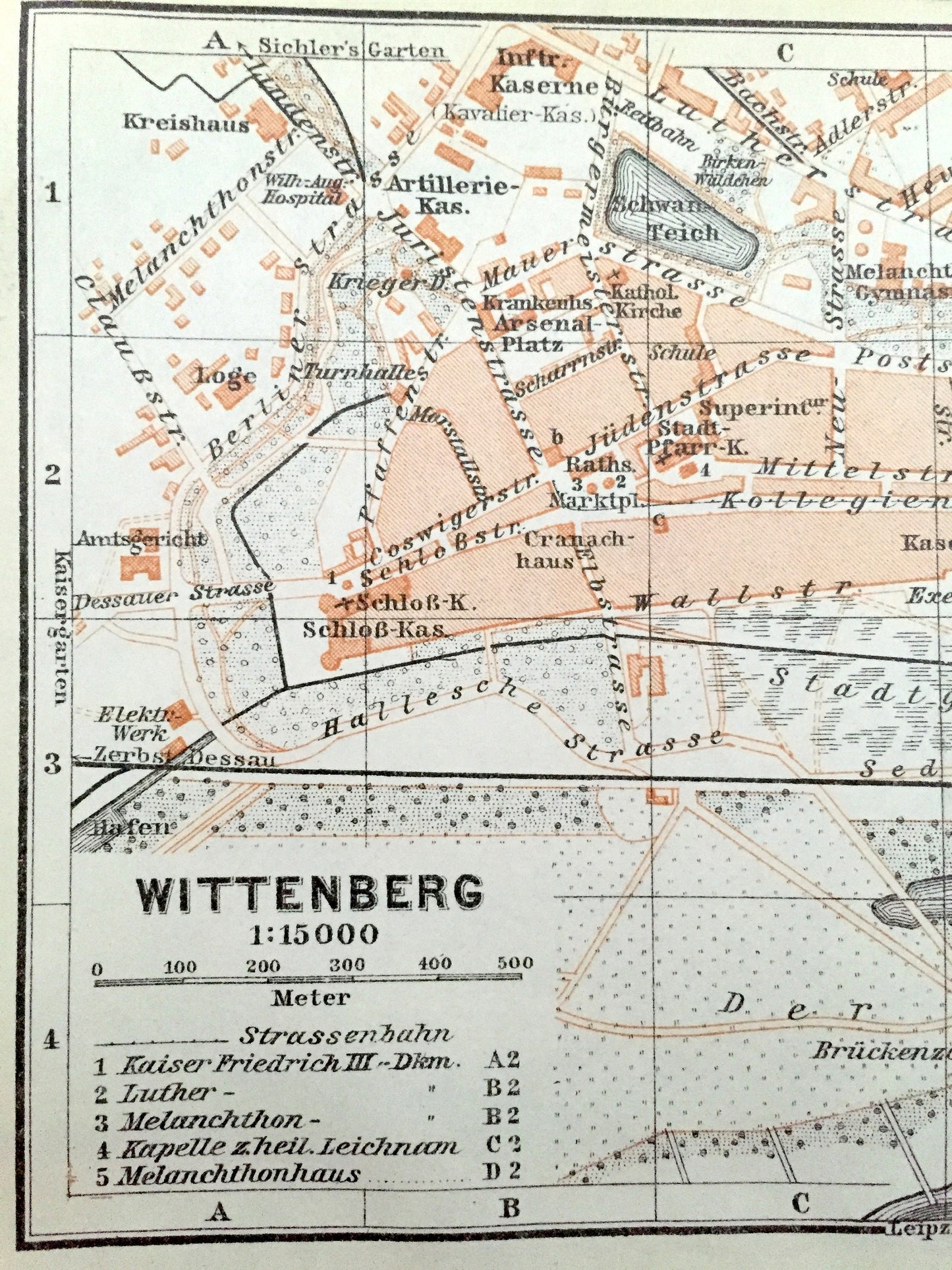 Antique 1925 Wittenberg, Germany Map from Baedekers Guide Atlas – Elbe River, Lutherhaus, Protestant Reformation, Martin Luther, Stadtkirche
