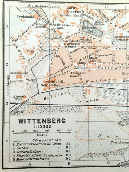Antique 1925 Wittenberg, Germany Map from Baedekers Guide Atlas – Elbe River, Lutherhaus, Protestant Reformation, Martin Luther, Stadtkirche