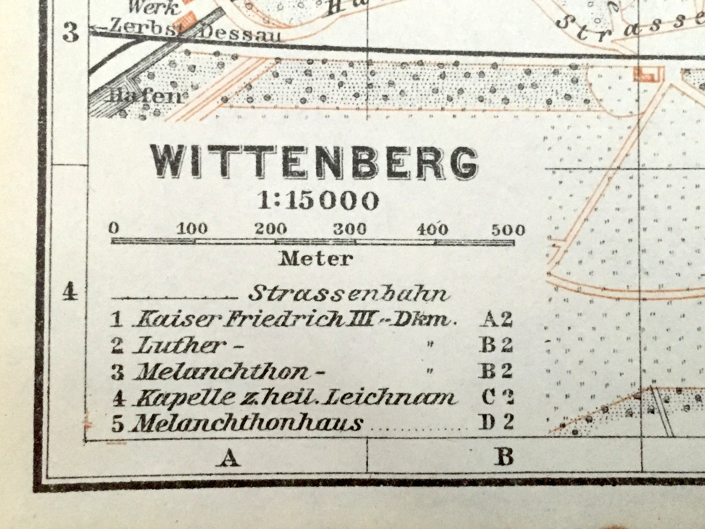 Antique 1925 Wittenberg, Germany Map from Baedekers Guide Atlas – Elbe River, Lutherhaus, Protestant Reformation, Martin Luther, Stadtkirche